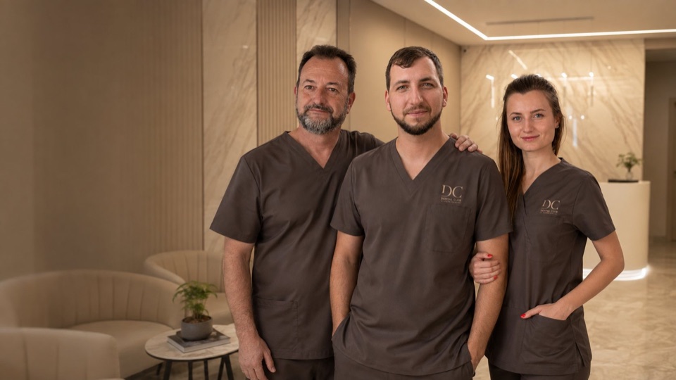 Dr. Zahari Karadzhov, Dr. Damyan Karadzhov and Dr. Nevena Karadzhova in the clinic lobby